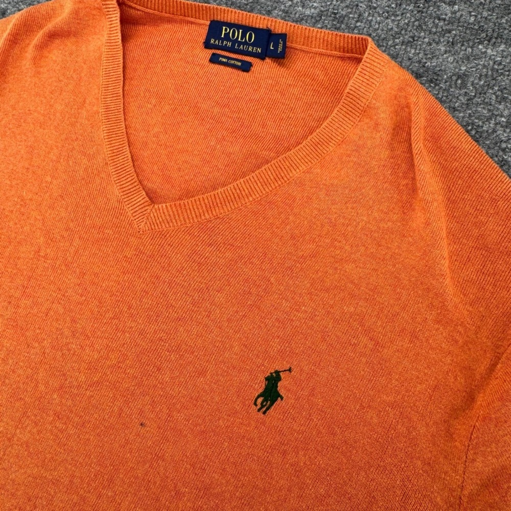 Polo Ralph Lauren V-Neck Sweater Mens Large Pima Cotton Slim Fit Orange Solid